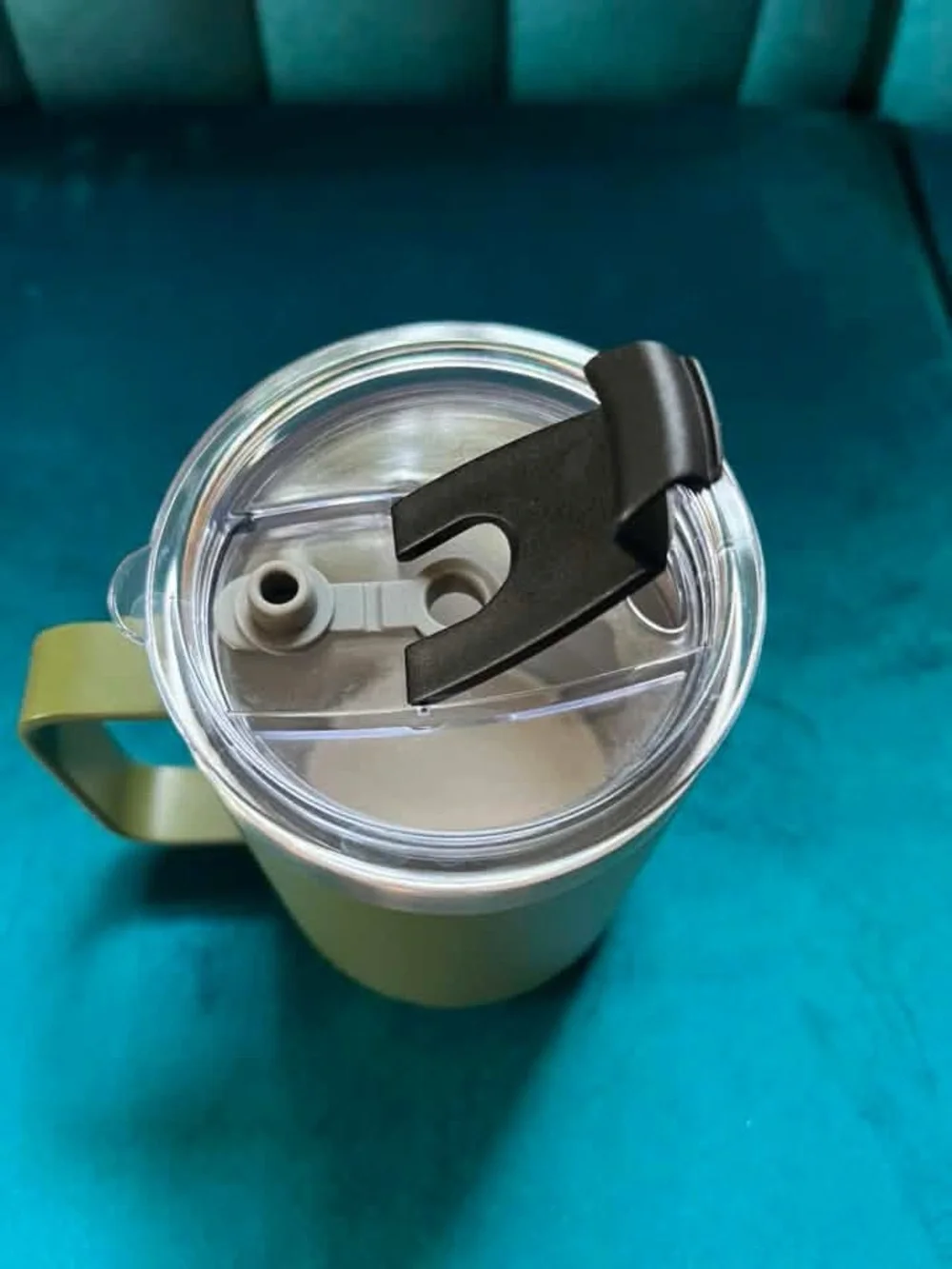 Insulated Olive Green Travel Mug with Handle and Clear Lid